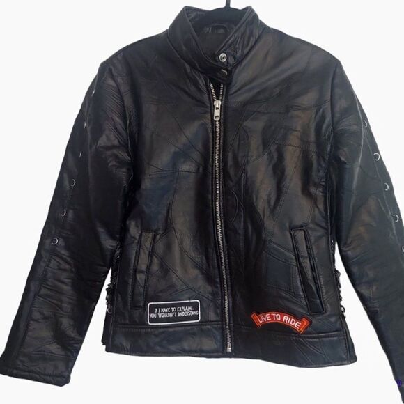 BUFFALO PLATE Leather Moto Motorcycle Biker Jacket Patches Full Zip - Picture 2 of 10